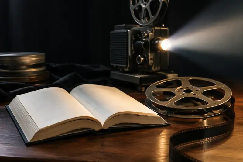 Açık bir romanın yanında duran eski film makarası ve sinema projektörü