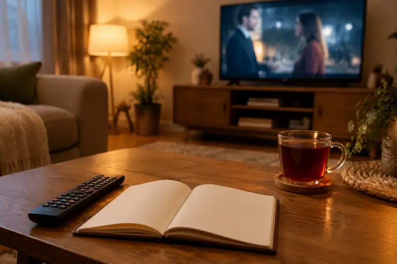 Televizyon kumandası, boş not defteri ve çayın bulunduğu bir oturma odasında yerli dizi izleme ortamı