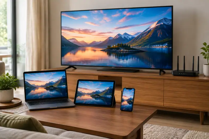 Televizyon, tablet, telefon ve dizüstü bilgisayarın görüntü kalitesini değerlendirmek için yan yana durduğu bir ev ortamı