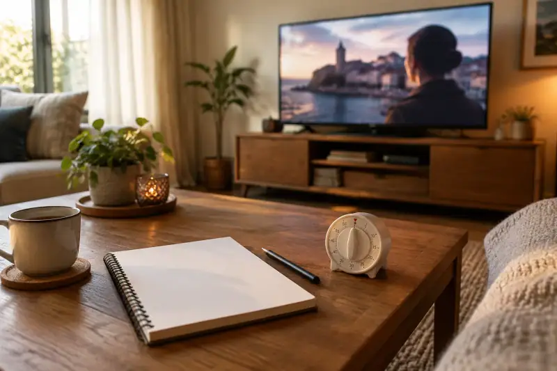 Televizyonun yanında boş bir not defteri ve süreyi gösteren analog zamanlayıcı